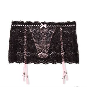 Victoria's Secret Dream Angels Ribbon Slot Skirt with Garters M NWT Black/Pink